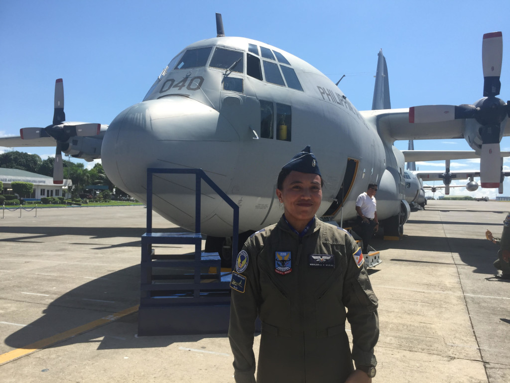 Major Marjorie Mukay is the first female pilot-in-command of the C-130 in a transpacific flight. 