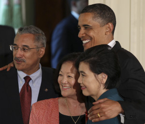 U.S. President Barack Obama poses with (L-R) U.S. Rep. Bobby Scott, U.S. Rep. Mazie Hirono and Rep. Judy Chu after speaking to participants of the Asian American and Pacific Islander Heritage Month event in the East Room at the White House in Washington, May 24, 2010.       REUTERS/Larry Downing  (UNITED STATES - Tags: POLITICS)