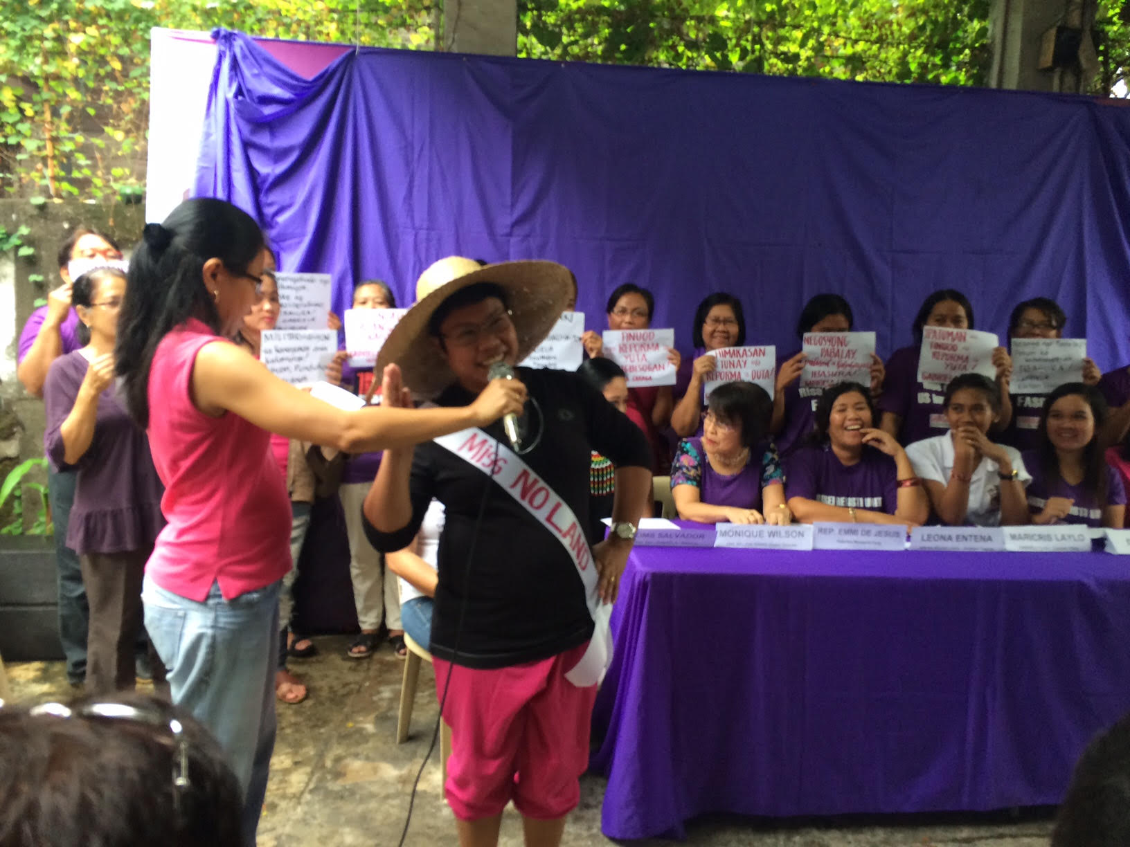 Members of the Gabriela Alliance of Women and other women's groups stage a spoof of the Miss Universe beauty pageant, calling their mock contest Miss Neo-libers, a swipe at neo-liberal economic policies that have abandoned the poor.  They also slammed the Miss Universe pageant as something that Western capitalists profit from but does not empower women as it claims. (PHOTO BY JODEE AGONCILLO / INQUIRER)