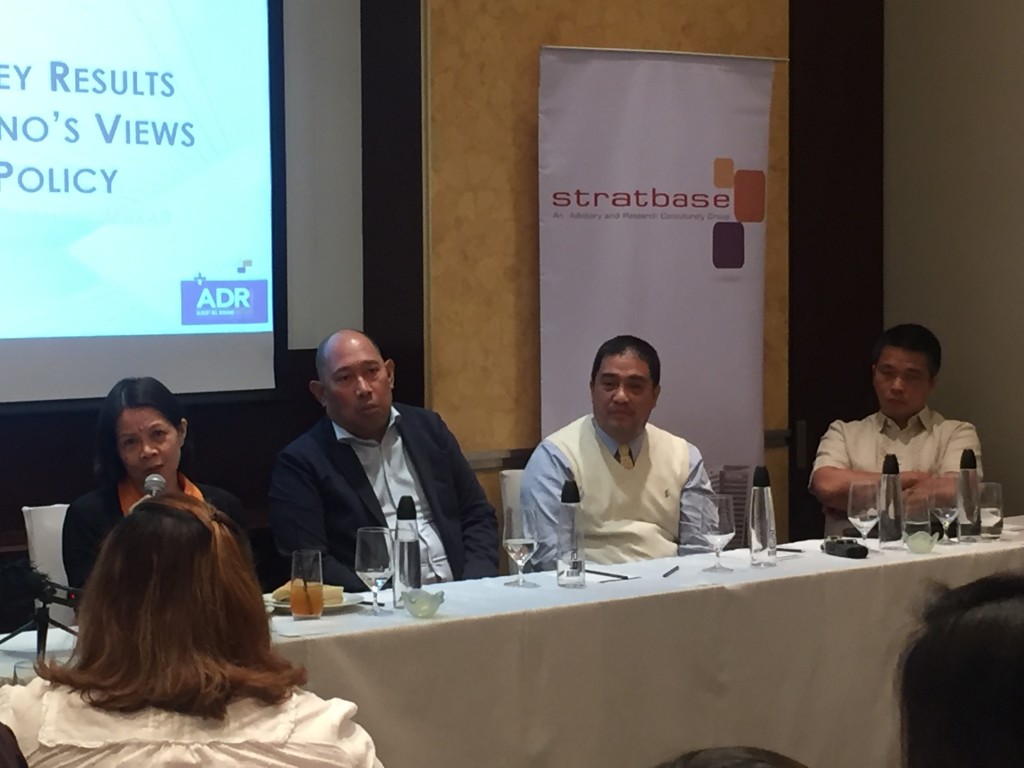 Pulse Asia presents survey on Filipinos' views on foreign policy at Fairmont Hotel in Makati. (L-R) Resource persons invited are Pulse Asia's Ana Tabunda, ADRI President Dindo Manhit, DLSU International Studies professor Renato de Castro, and UP Institute of Maritime Affairs and the Law of the Sea director Jay Batongbacal. KRISTINE SABILLO/INQUIRER.net 