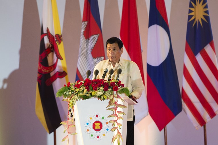 Philippine President Rodrigo Duterte speaks during the closing ceremony of the Association of Southeast Asian Nations (ASEAN) and handover of the ASEAN Chairmanship to Philippines in Vientiane on September 8, 2016. ASEAN leaders gather in Vientiane for the 28th and 29th ASEAN Summits held between September 6 to 8. / AFP PHOTO / YE AUNG THU