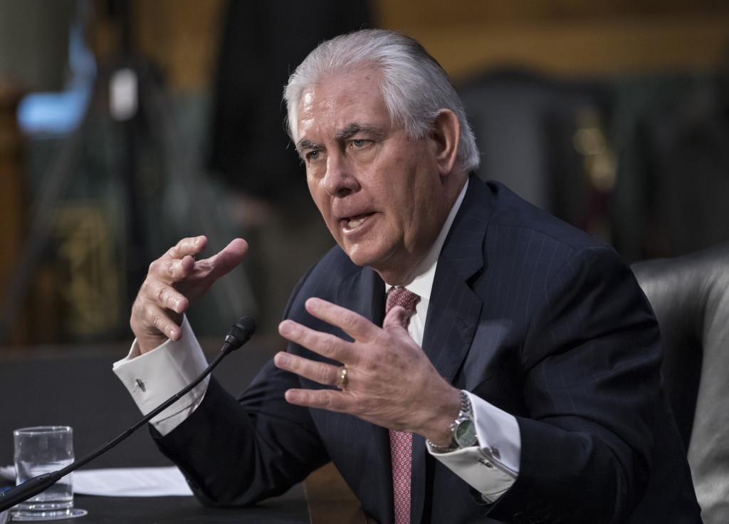Secretary of State-designate Rex Tillerson testifies on Capitol Hill in Washington, Wednesday, Jan. 11, 2017, at his confirmation hearing before the Senate Foreign Relations Committee. AP