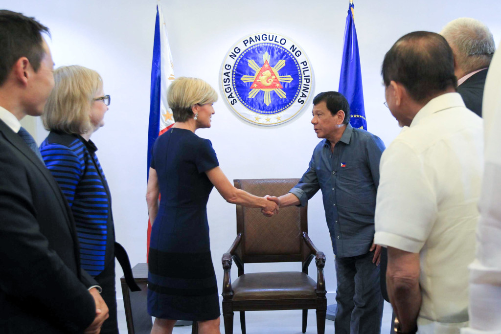 Australian Foreign Minister Julie Bishop meets Philippine President Rodrigo Duterte.