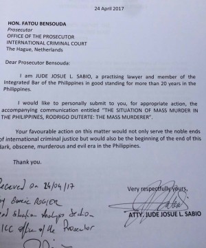 The complaint against President Duterte and 11 others filed by lawyer Jude Sabio, lawyer of self confessed Davao Death Squad hitman Edgar Matobato, is received by the International Criminal Court (ICC) Office of the Prosecutor in The Hague.  CONTRIBUTED PHOTO