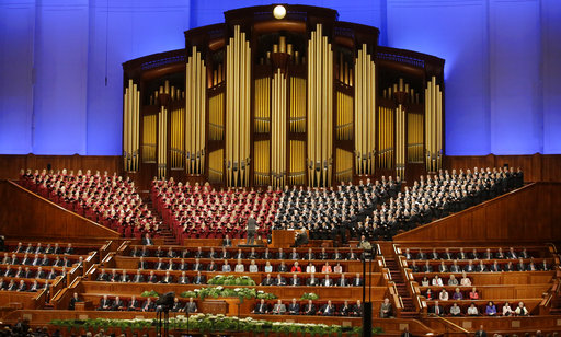 The Mormon Tabernacle Choir of The Church of Jesus Christ of Latter-day Saints perform in the Conference Center at the morning session of the two-day Mormon church conference Saturday, April 1, 2017, in Salt Lake City. Mormons will hear guidance and inspiration from the religion's top leaders during a church conference this weekend in Salt Lake City as well as getting an update about church membership statistics. AP