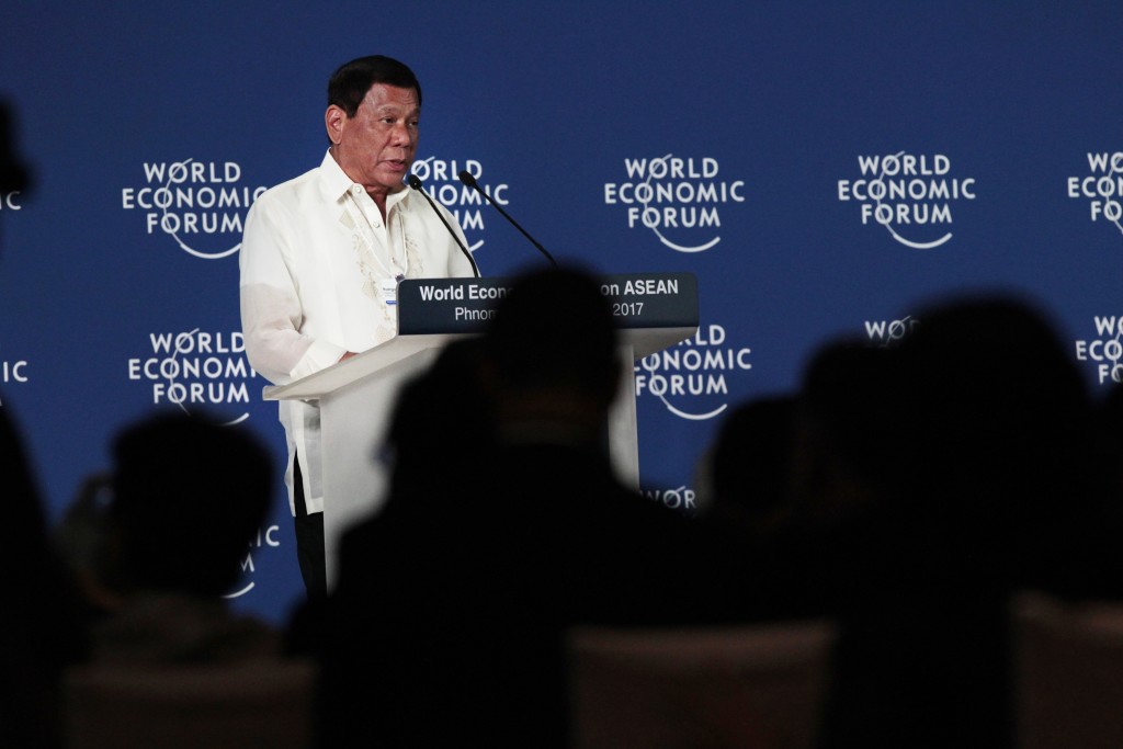 Philippine President Rodrigo Duterte delivers a speech during an opening of the World Economic Forum on ASEAN, in Phnom Penh, Cambodia, Thursday, May 11, 2017. AP