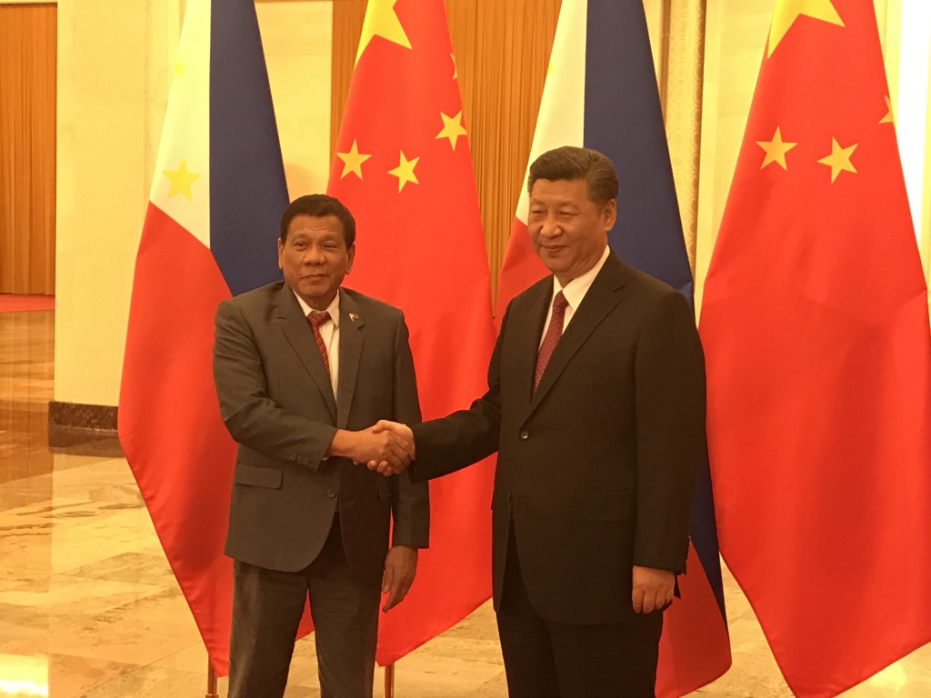 President Rodrigo Duterte shakes hands with Chinese President Xi Jinping before their bilateral meeting during the Belt and Road Forum for International Cooperation at the Great Hall of the People in Beijing.