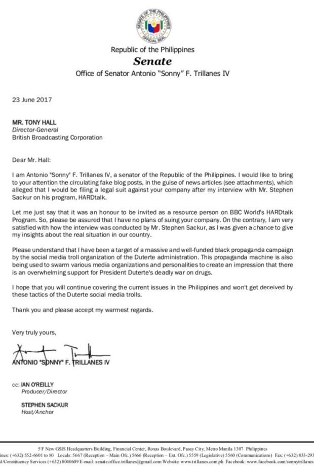 Antonio Trillanes IV letter to BBC