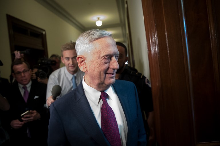 WASHINGTON, DC - OCTOBER 20: U.S. Defense Secretary James Mattis arrives on Capitol Hill to meet with Senators John McCain (R-AZ) and Lindsey Graham (R-SC), October 20, 2017 in Washington, DC. Senator McCain had recently expressed frustration about the lack of details emerging from the Pentagon about the incident in Niger where 4 U.S. soldiers were killed in an ambush. Drew Angerer/Getty Images/AFP