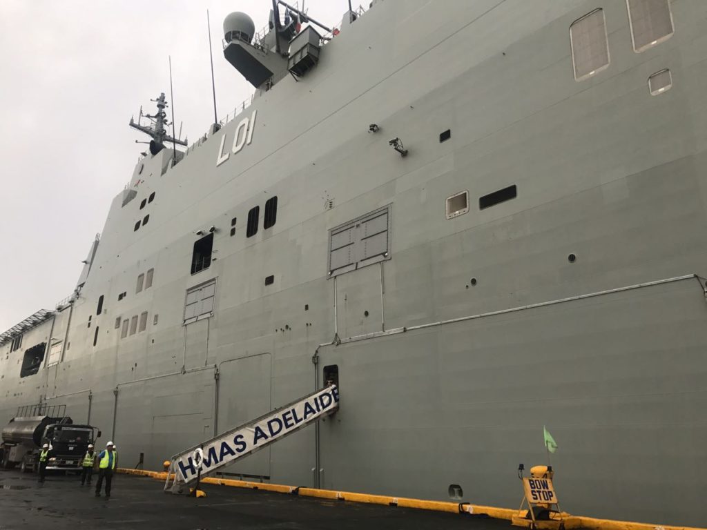 The Australian warship Her Majesty's Australian Ship Adelaide docked at Manila Bay.