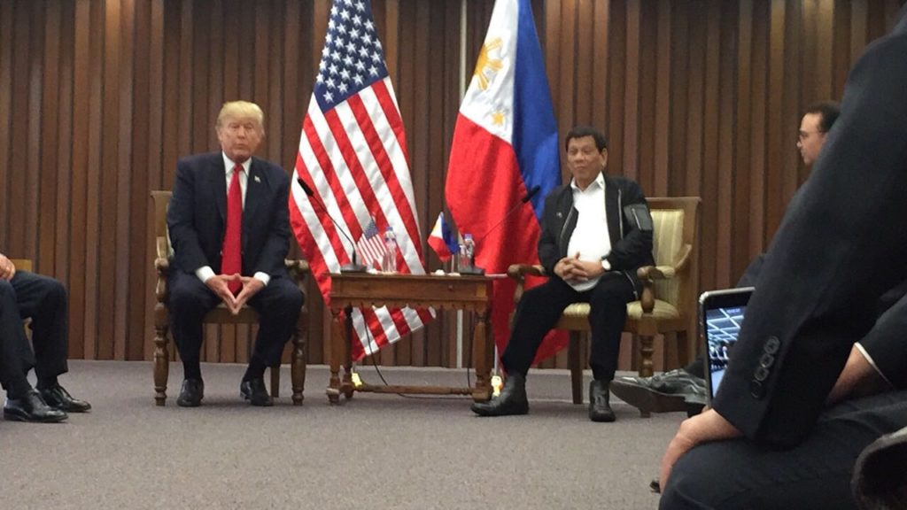 President Rodrigo Duterte (right) with United States President Donald Trump in their first bilateral meeting. NESTOR CORRALES/INQUIRER.net