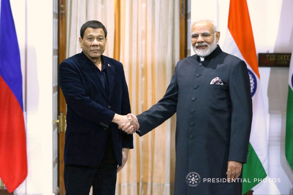 President Rodrigo Roa Duterte poses for a photo with India Prime Minister Narendra Modi prior to the start of the bilateral meeting at the Hyderabad House in New Delhi, India on January 24, 2018. KARL NORMAN ALONZO/PRESIDENTIAL PHOTO