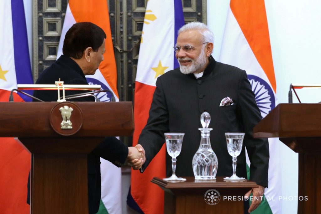 President Rodrigo Roa Duterte and India Prime Minister Narendra Modi shake hands after declaring their joint statement following a successful bilateral meeting at the Hyderabad House in New Delhi, India on January 24, 2018. KARL NORMAN ALONZO/PRESIDENTIAL PHOTO