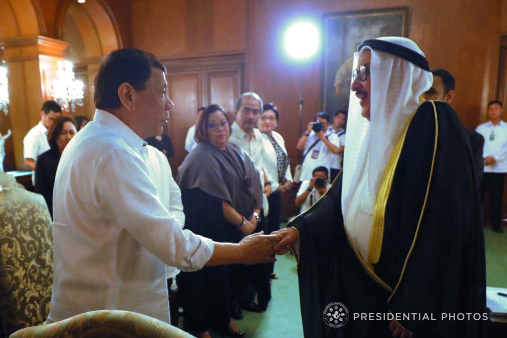 President Rodrigo Roa Duterte greets Ambassador of Kuwait to the Philippines Saleh Ahmad Althwaikh who met with the President at the Malacañan Palace on February 7, 2018. ACE MORANDANTE/PRESIDENTIAL PHOTO