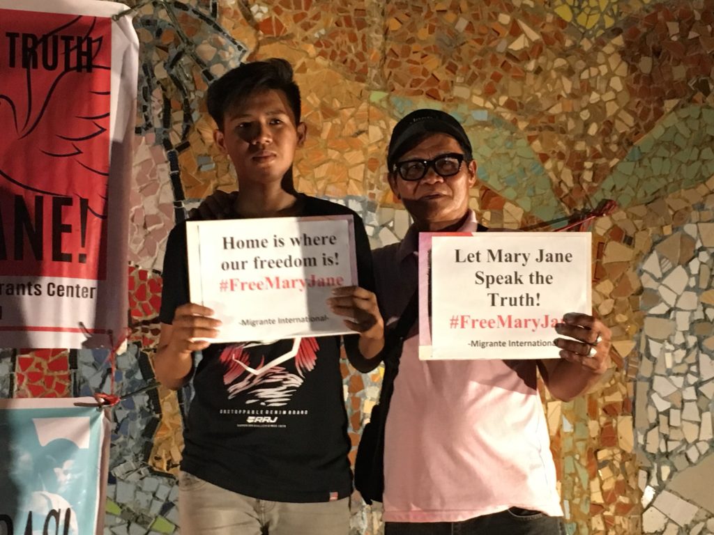Mary Jane Veloso's 15-year-old son Mac-mac and her 62-year-old father Cesar ask President Duterte use his power to compel the courts to allow her to testify against her Filipino recruiters and prove her innocence, during a short program in Baclaran Church, Parañaque on Sunday, April 29. This also marks the 3rd year after Veloso was spared from execution in Indonesia for smuggling illegal drugs. PHOTO BY DEXTER CABALZA