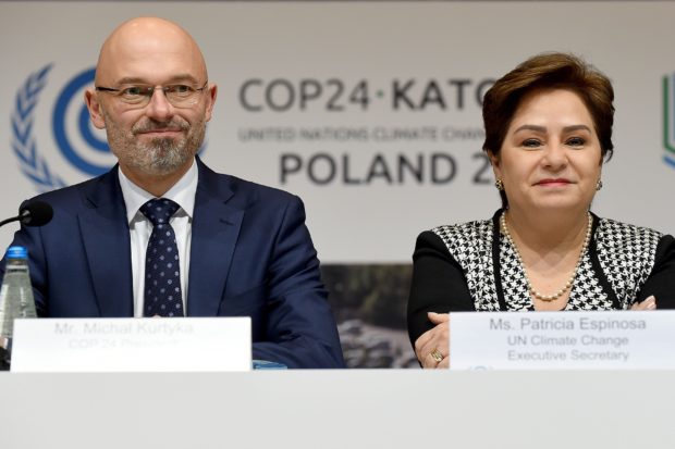Polish Secretary of State in the Ministry of Environment, Government Plenipotentiary for COP24 Presidency, Michal Kurtyka (L) and Mexican Executive Secretary of United Nations Framework Convention on Climate Change Patricia Espinosa (R) give a press conference during the 24th Conference of the Parties to the United Nations Framework Convention on Climate Change (COP24) summit on December 2, 2018 in Katowice, Poland. - Representatives from nearly 200 countries began crunch UN climate talks in Poland against a backdrop of dire environmental warnings and a call for action against the "urgent" threats posed by climate change. (Photo by Janek SKARZYNSKI / AFP)