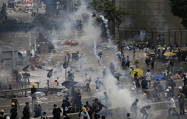 Hong Kong police and protesters