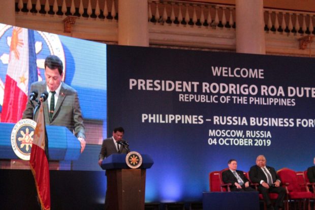 President Rodrigo Duterte delivers his speech at the Philippines-Russian forum in Moscow on Friday, October 4, 2019. Photo by Christia Marie Ramos/INQUIRER.net
