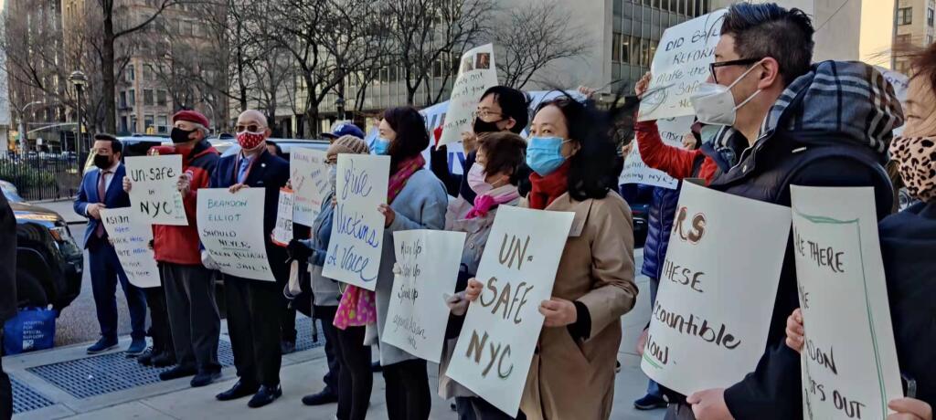 The Chinese-American Citizens Alliance of Greater New York (CACAGNY) during a rally in front of a Manhattan criminal court, where Brandon Elliot, charged for assaulting a 65-year-old Filipino-American, appeared before a judge. CACAGNY photo courtesy of Philippine Consulate General in New York Elmer Cato