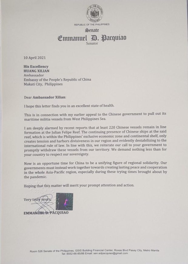 A copy of Senator Manny Pacquiao's letter to China