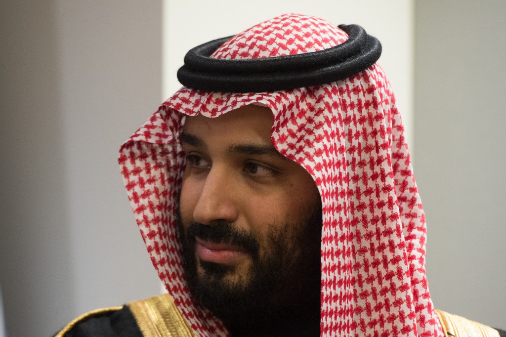 Prince Mohammed bin Salman Al Saud, Crown Prince, Kingdom of Saudi Arabia, attends a meeting with the United Nations Secretary-General Antonio Guterres (out of frame) at the United Nations on March 27, 2018 in New York