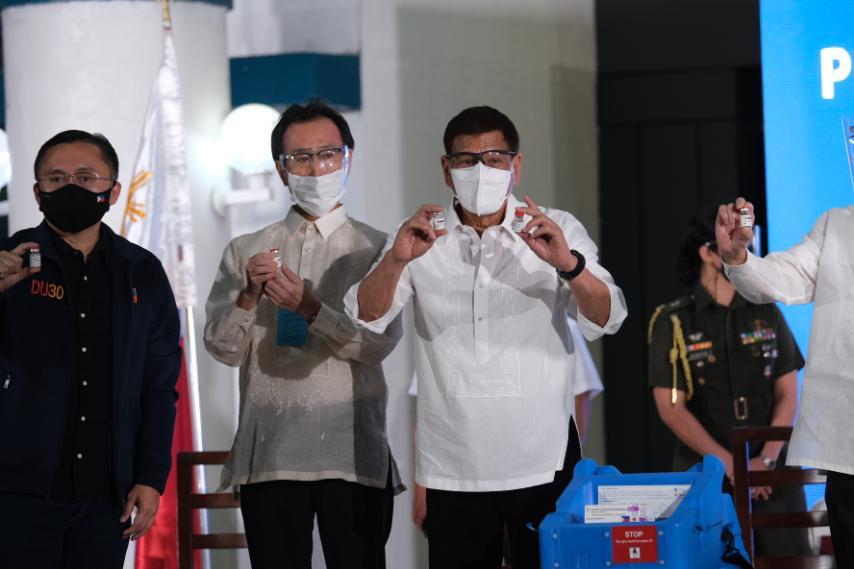 Duterte was among the officials who welcomed the arrival of the 1,124,100 doses of AstraZeneca vaccines at the Villamor Airbase in Pasay City.