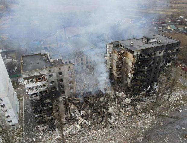 Aerial view of destroyed buildings In Ukraine. STORY: APEC members condemn Russian invasion of Ukraine