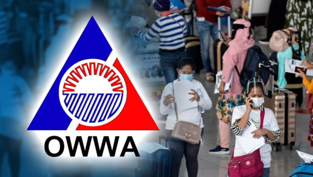 Composite photo of OFWs with OWWA logo superimposed. STORY: Amid visa issue, gov’t brings home 78 more OFWs from Kuwait
