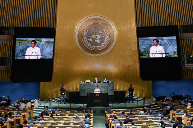 Ferdinand Marcos Jr. addressing the UN General Assembly in New York City. STORY: UN should tell China to ‘behave’ in West Philippine Sea – Hontiveros 