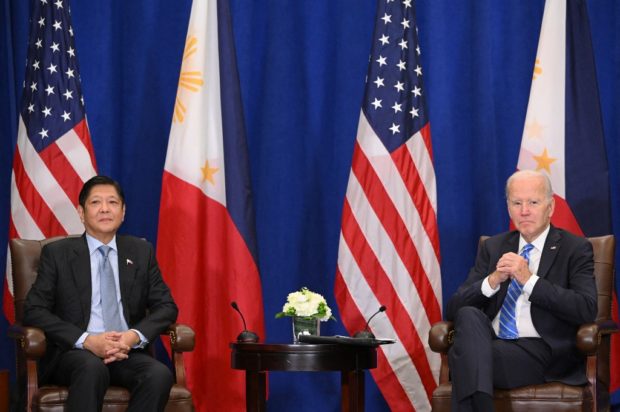 US President Joe Biden meets with Philippine President Ferdinand Marcos, Jr., on the sidelines of the UN General Assembly in New York City on September 22, 2022. (Photo by MANDEL NGAN / AFP)