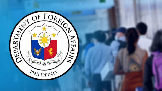 Composite photo of people walking and a seal of the DFA. STORY: DFA repatriates 2 Filipinos who lived in Bahrain for more than 3 decades