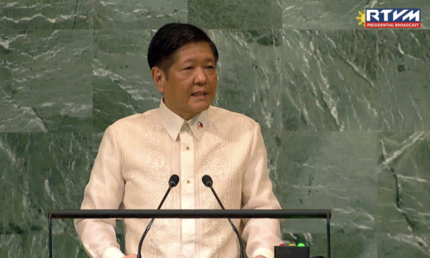 President Ferdinand R. Marcos Jr. addresses the High-Level General Debate of the 77th Session of the United Nations General Assembly (UNGA) at the UN Headquarters in New York on September 20, 2022. Screngrab from RTVM / Facebook