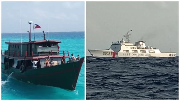 PH fishing vessel and Chinese coast guard ship. STORY: Chinese coast guard challenges anew PH resupply team to Ayungin Shoal
