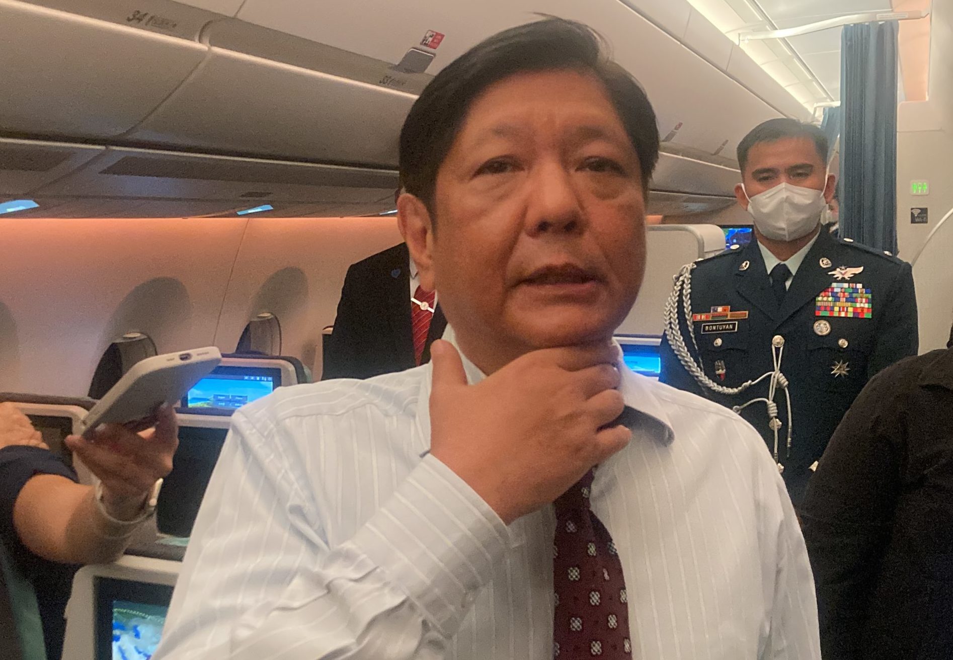President Ferdinand Marcos Jr. speaks to reporters onboard PR001 enroute to Belgium to attend the Association of Southeast Asian Nations-European Union (Asean-EU) Commemorative Summit in Brussels. Photo by Nestor Corrales