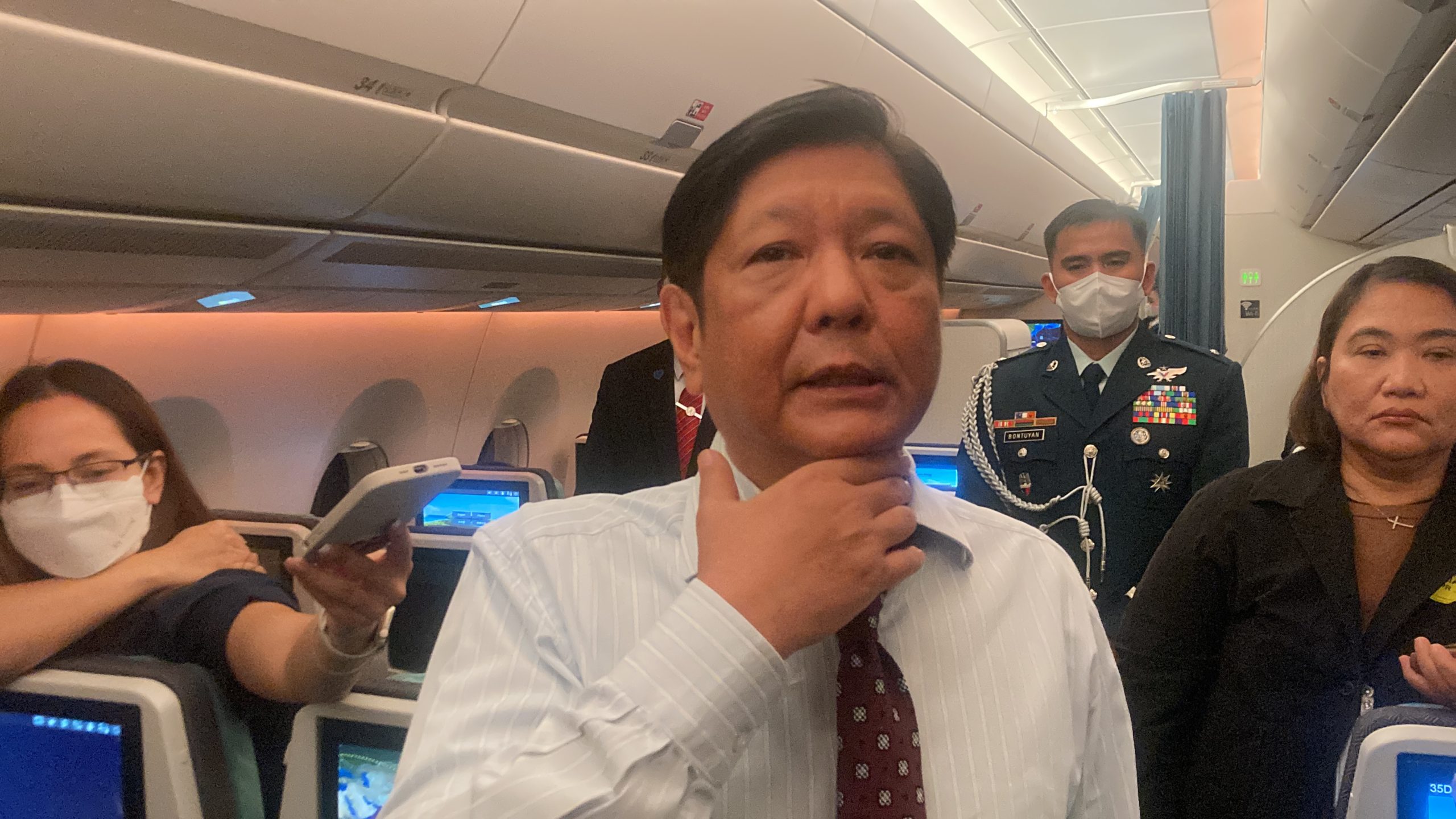 President Ferdinand Marcos Jr. speaks to reporters onboard PR001 enroute to Belgium to attend the Association of Southeast Asian Nations-European Union (Asean-EU) Commemorative Summit in Brussels. Photo by Nestor Corrales standards seafarer