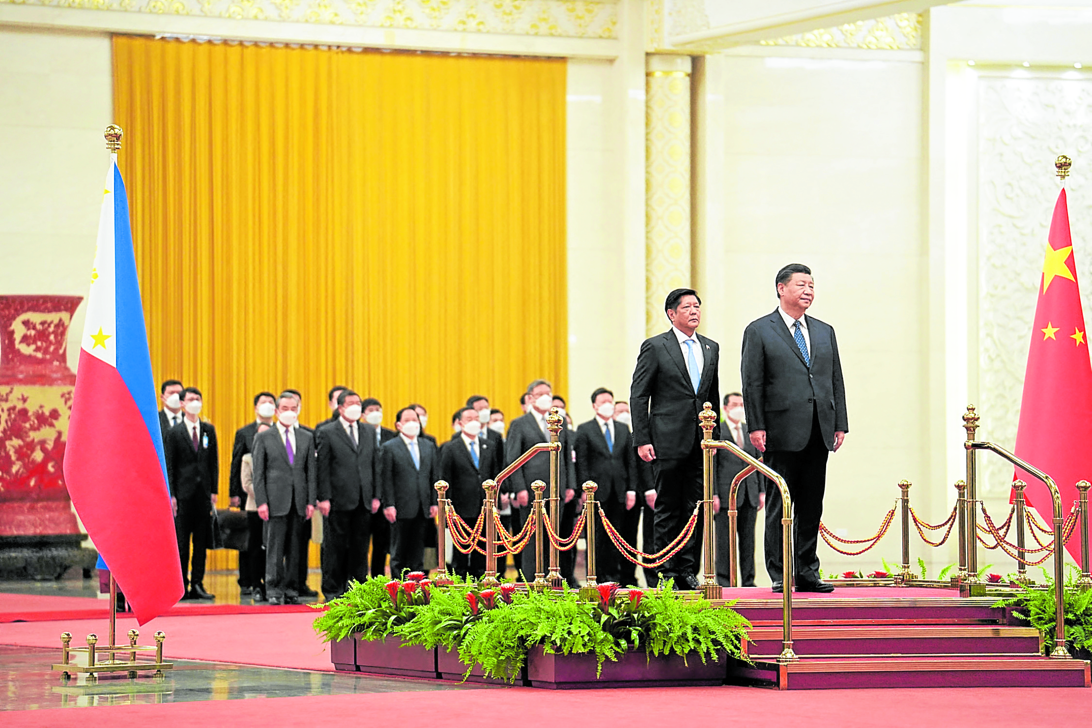 Chinese President Xi Jinping leads PresidentMarcos into Beijing’s Great Hall of the People during the Philippine leader’s state visit to China 