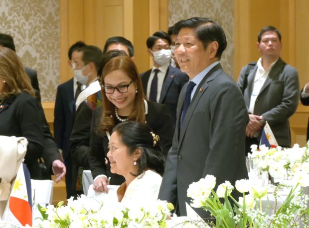 President Ferdinand Marcos Jr. attends a dinner meeting hosted by businesspeople from Japan and the Philippines on Wednesday, the first of his five-day official working visit to Japan. Marcos is expected to meet with members of Japan's Imperial Family and the Prime Minister on Thursday. (Screenshot from RTVM)