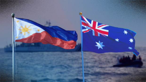 Flags of the Philippines and Australia with a ship at sea as background. STORY: PH, Australia explore doing joint patrols in WPS