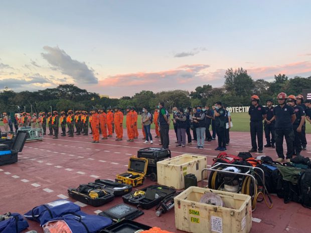 The contingent rescue team from different agencies conducts a readiness inspection in Camp Aguinaldo in Quezon City on Tuesday before heading to Turkey. John Eric Mendoza/INQUIRER.net