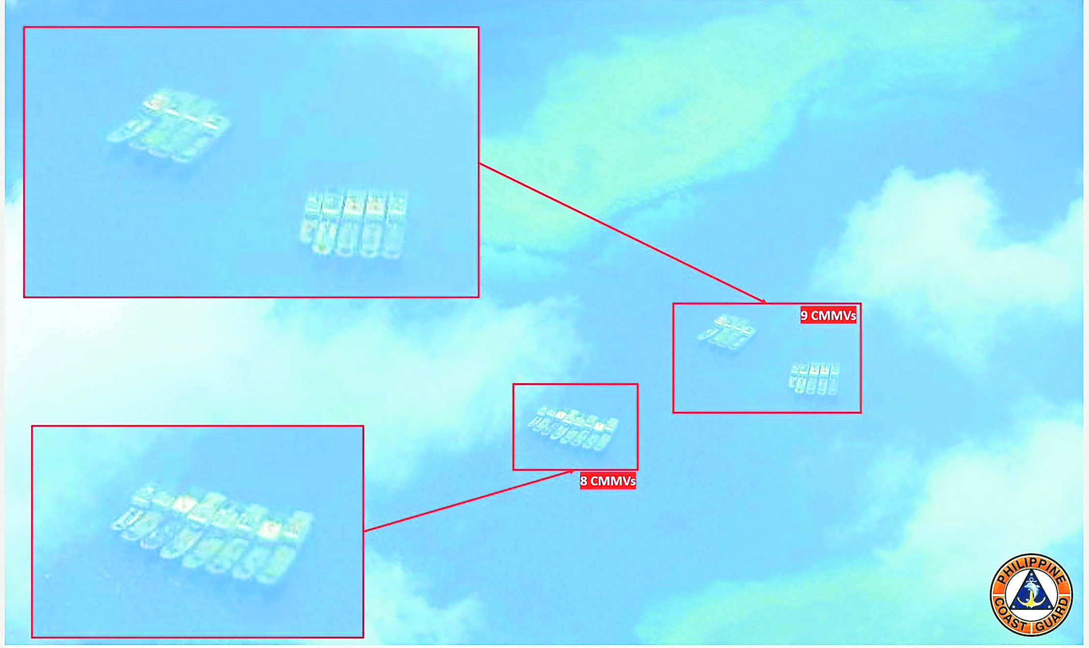 A Philippine Coast Guard aerial patrol over the West Philippine Sea found fewer Chinese vessels than previously observed, such as these clusters of suspected Chinese maritime militia vessels off Escoda (Sabina) Shoal.