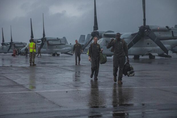 U.S. Marines with Marine Medium Tiltrotor Squadron (VMM) 268, 1st Marine Aircraft Wing arrive at the Subic Bay International Airport, Philippines during Balikatan 23 on April 13, 2023. (U.S. Marine Corps photo by Cpl. Kyle Chan)