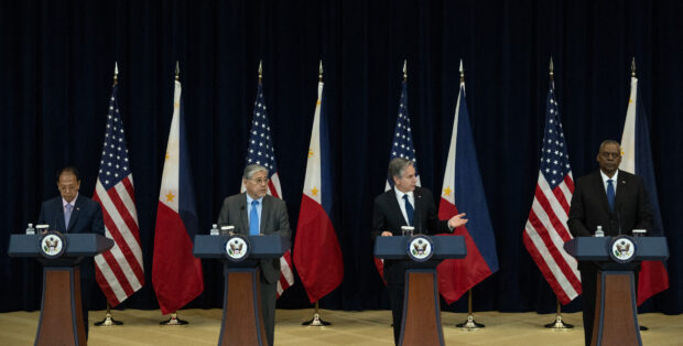 At the 2+2 Ministerial Dialogue in Washington on April 11, (from left) acting Defense Secretary Carlito Galvez Jr., Foreign Secretary Enrique Manalo, US Secretary of State AntonyBlinken, and US Defense Secretary Lloyd Austin III agree to craft a roadmap on the long-term delivery of US military aid to Manila for the “shared defense” buildup of the two treaty allies. STORY: US, PH chart defense aid in next 5 to 10 years