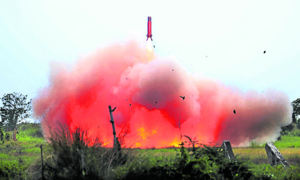 MISSILE DEMO The Patriot, a mobile surface-to-air missile system, is launched during a live missile demonstration in the “Balikatan” military drills held on Tuesday at the Naval Education and Training Command in San Antonio, a Zambales town facing the West Philippine Sea. —MARIANNE BERMUDEZ