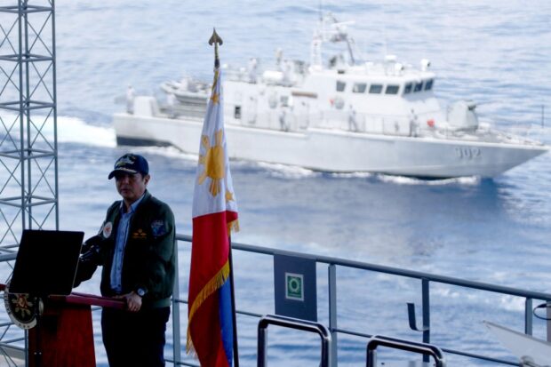 Philippine President Ferdinand Marcos Jr. delivers a speech during the navy's capability demonstration aboard the Philippine navy ship BRP Davao del Sur