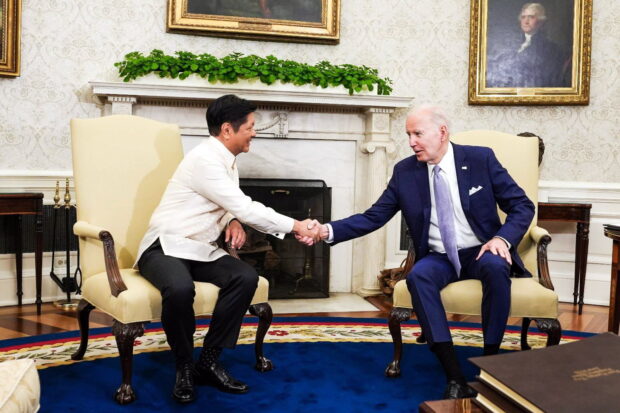 STRONGER TIES President Marcos and US President Joe Biden reaffirm the alliance between the Philippines and the United States during their meeting at theWhite House in Washington on May 1. —MALACAÑANG PHOTO