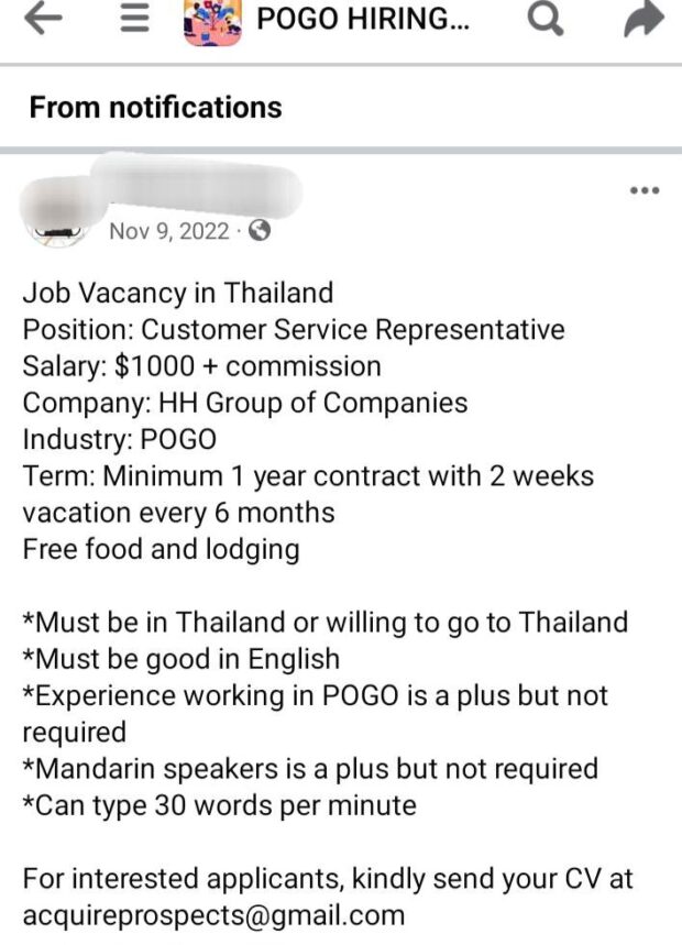 Facebook pages recruiting people to work in Thailand