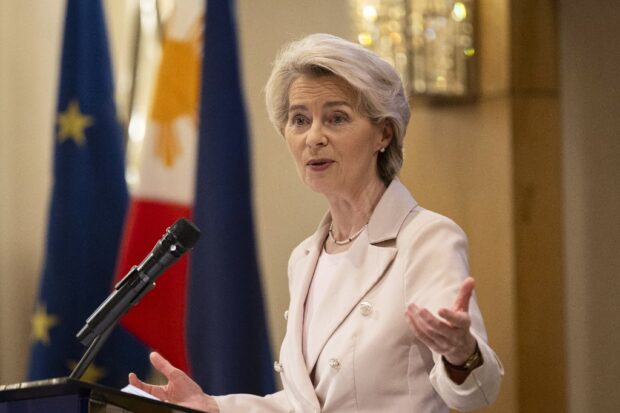 European Commission President Ursula von der Leyen speaks at a business event in Fairmont Hotel, in Makati on July 31, 2023. (Photo by ELOISA LOPEZ / POOL / AFP)