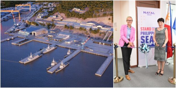 ‘THE LONG RUN’ A “rendering” (left) by Naval Group shows the planned maintenance yard in Subic Bay for Scorpene-class submarines being offered to the Philippine Navy. The launching last week of the French company’s Philippine office was attended, among others, by Naval Group executive vice president Marie-Laure Bourgeois (wearing glasses) and French Ambassador Michèle Boccoz, shown standing before a sign that reads “Stand for Philippine Seas.” —PHOTOS FROMNAVAL GROUP