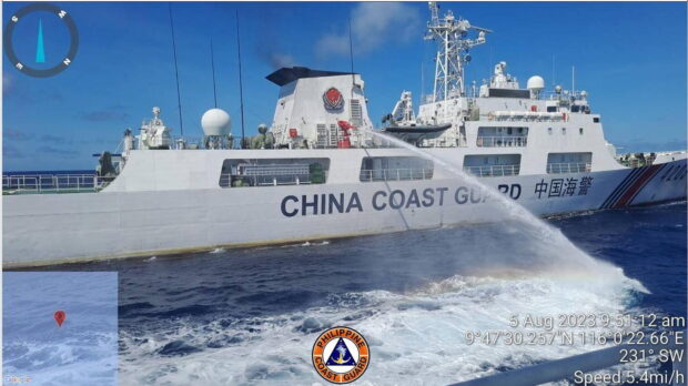 THOSE ‘MANEUVERS’ AGAIN A China Coast Guard (CCG) ship on Saturday is seen preparing to strike a Philippine Coast Guard (PCG) vessel with a water cannon as it is on its way to Ayungin (Second Thomas) Shoal. The Armed Forces of the Philippines and the PCG criticized the “dangerous maneuvers,” urging the CCG to “act with prudence.” —PHOTO FROM THE PCG FACEBOOK PAGE