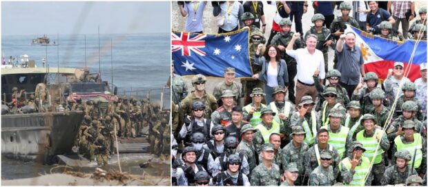 LARGEST EXERCISE YET Filipino and Australian forces (above)conduct amphibious assault drills in waters facing the West Philippine Sea on Friday. They were later joined in a photo op (right) by Australian Ambassador Hae Kyong Yu, Australian Defense Minister Richard Marles and Defense Secretary Gilberto Teodoro Jr. —PHOTOS BY LYN RILLON